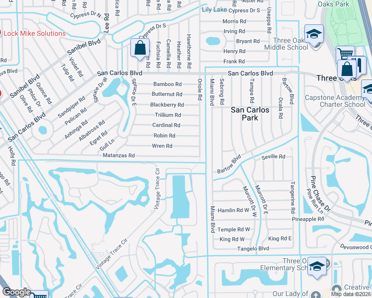 map of restaurants, bars, coffee shops, grocery stores, and more near 8438 Wren Road in Fort Myers