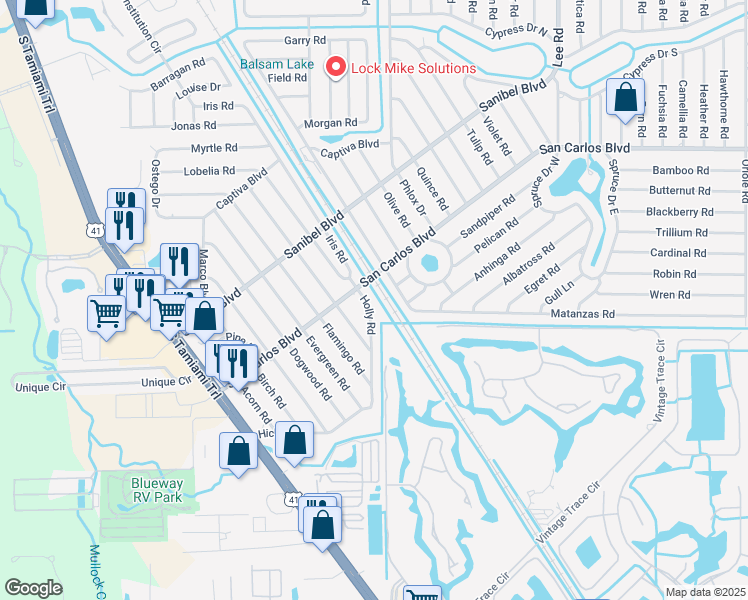 map of restaurants, bars, coffee shops, grocery stores, and more near 18639 Holly Road in Fort Myers