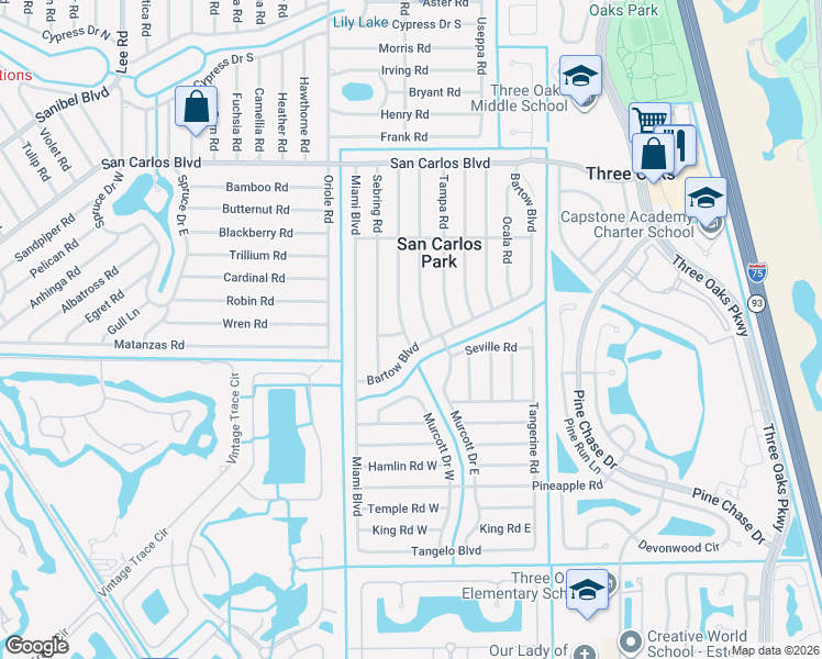 map of restaurants, bars, coffee shops, grocery stores, and more near 18673 Sarasota Road in Fort Myers