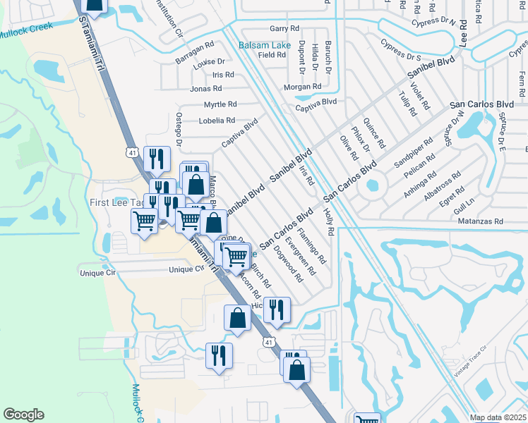 map of restaurants, bars, coffee shops, grocery stores, and more near 18612 Evergreen Road in Fort Myers