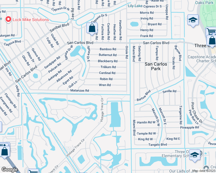 map of restaurants, bars, coffee shops, grocery stores, and more near 8386 Wren Road in Fort Myers