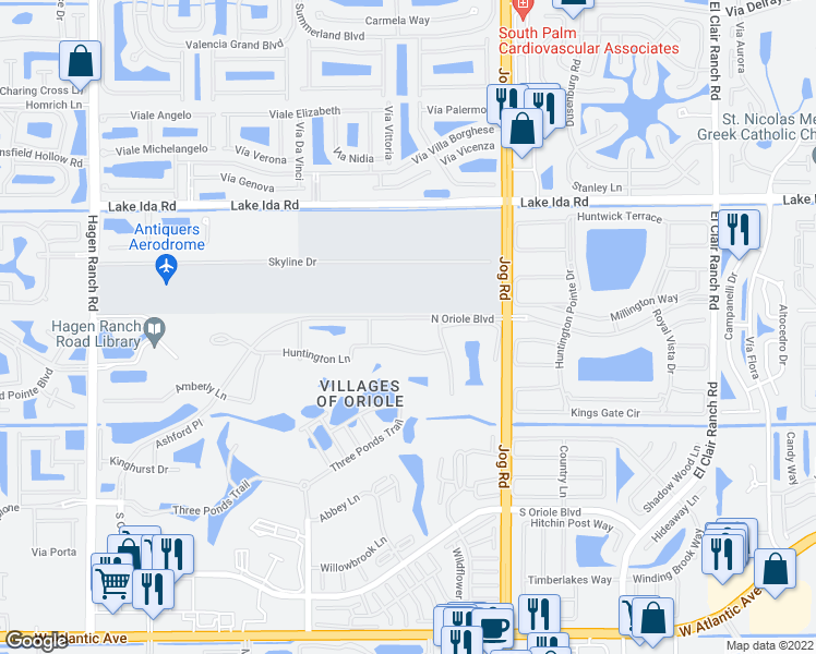 map of restaurants, bars, coffee shops, grocery stores, and more near 6866 Huntington Lane in Delray Beach