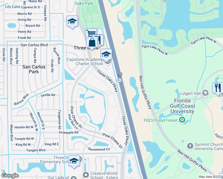 map of restaurants, bars, coffee shops, grocery stores, and more near 18851 3 Oaks Parkway in Fort Myers