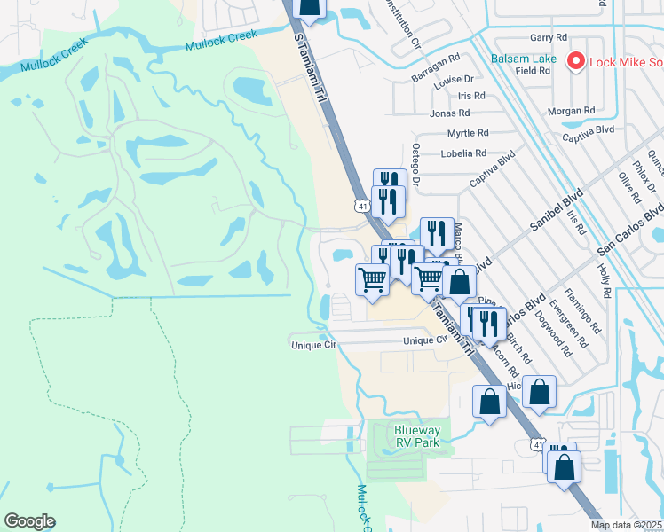 map of restaurants, bars, coffee shops, grocery stores, and more near 7070 Bay Woods Lake Court in Fort Myers