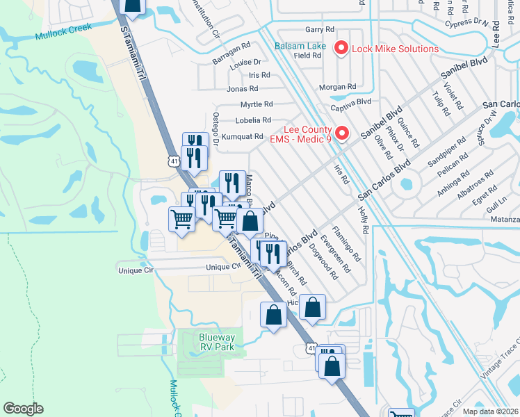 map of restaurants, bars, coffee shops, grocery stores, and more near 7344 Sanibel Boulevard in Fort Myers