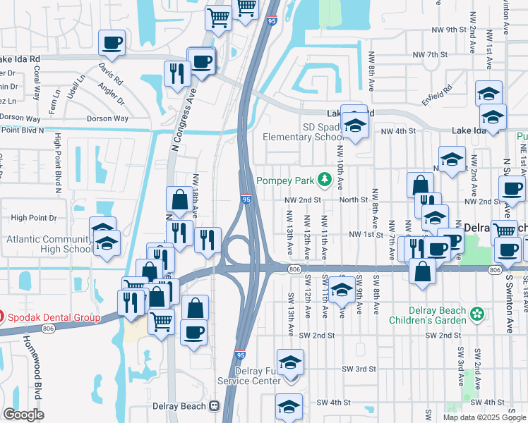 map of restaurants, bars, coffee shops, grocery stores, and more near 1414 Northwest 2nd Street in Delray Beach