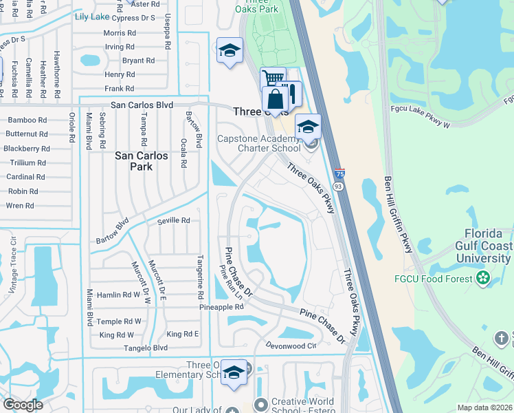map of restaurants, bars, coffee shops, grocery stores, and more near 18870 Cypress View Drive in Fort Myers