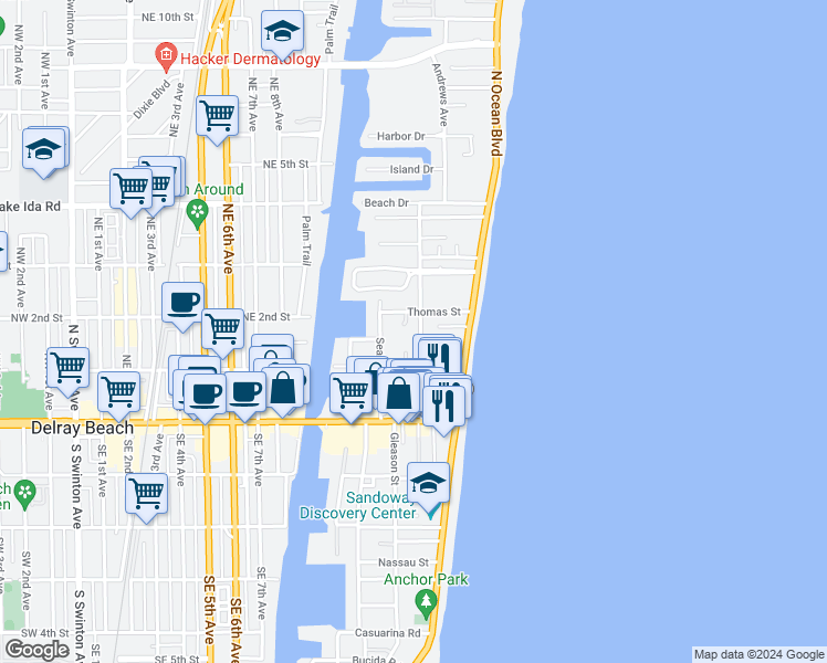 map of restaurants, bars, coffee shops, grocery stores, and more near 120 North Ocean Boulevard in Delray Beach