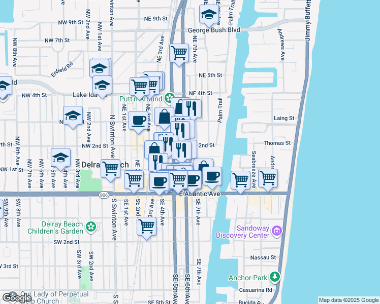 map of restaurants, bars, coffee shops, grocery stores, and more near 145 North Federal Highway in Delray Beach