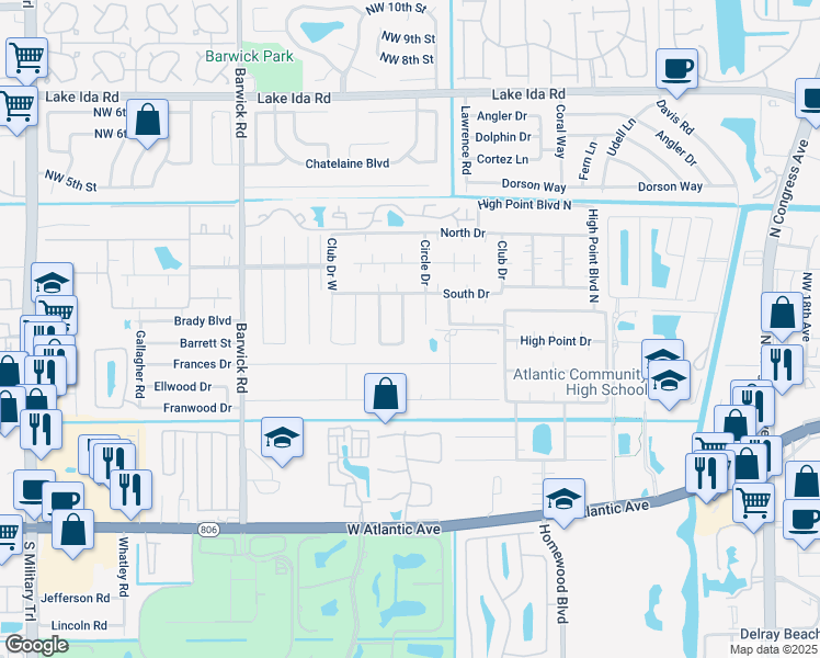 map of restaurants, bars, coffee shops, grocery stores, and more near 1182 South Drive Circle in Delray Beach