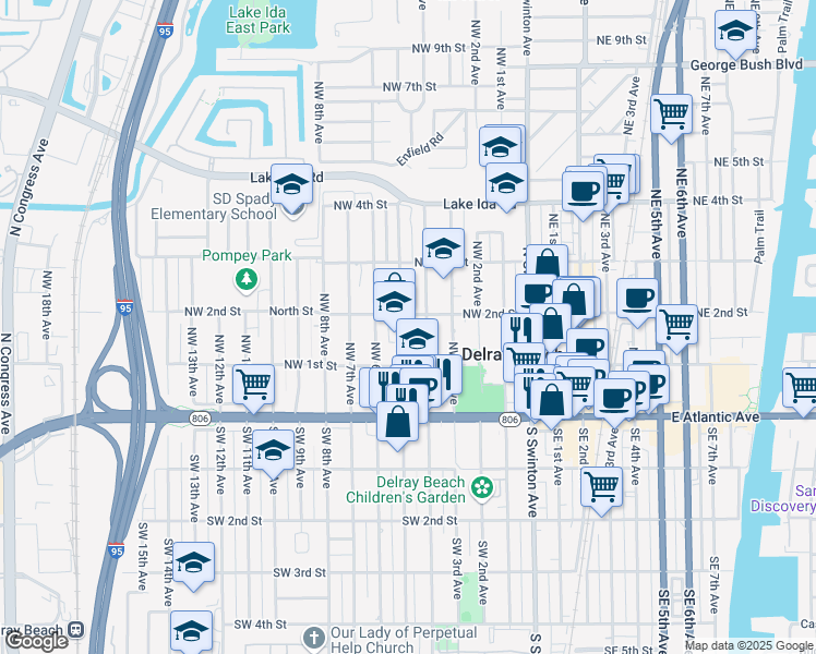 map of restaurants, bars, coffee shops, grocery stores, and more near 135 Northwest 5th Avenue in Delray Beach