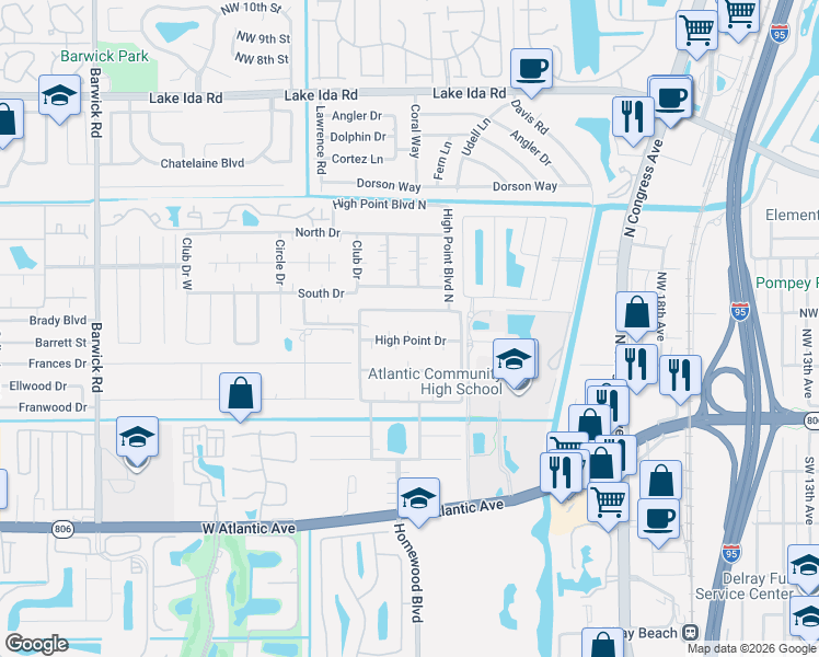 map of restaurants, bars, coffee shops, grocery stores, and more near 655 High Point Drive in Delray Beach