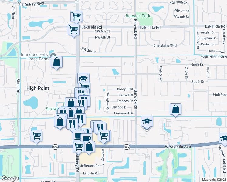 map of restaurants, bars, coffee shops, grocery stores, and more near 4694 Brady Boulevard in Delray Beach