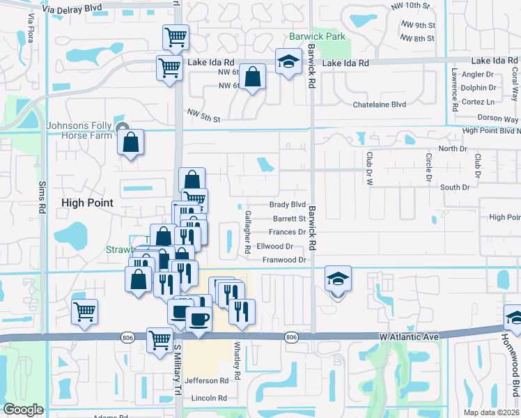 map of restaurants, bars, coffee shops, grocery stores, and more near 4694 Brady Boulevard in Delray Beach