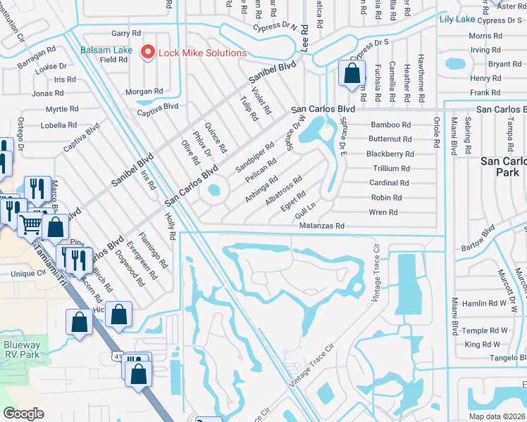 map of restaurants, bars, coffee shops, grocery stores, and more near 8080 Albatross Road in Fort Myers