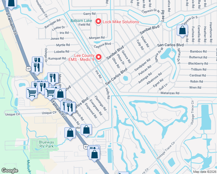 map of restaurants, bars, coffee shops, grocery stores, and more near 18639 Holly Road in Fort Myers