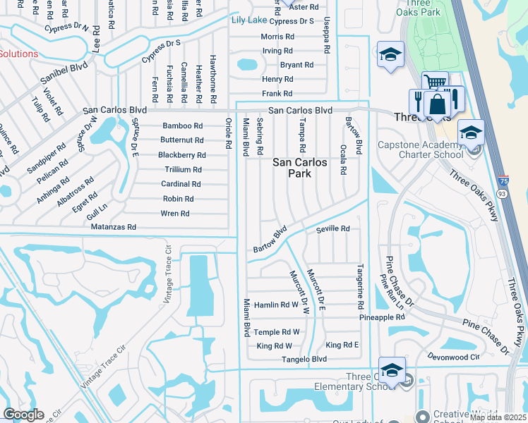 map of restaurants, bars, coffee shops, grocery stores, and more near 18661 Sebring Road in Fort Myers