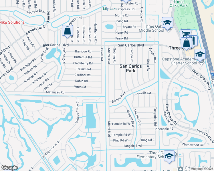 map of restaurants, bars, coffee shops, grocery stores, and more near 18677 Oriole Road in Fort Myers