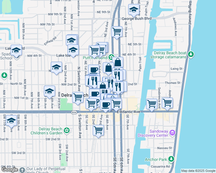 map of restaurants, bars, coffee shops, grocery stores, and more near 162 Northeast 5th Avenue in Delray Beach