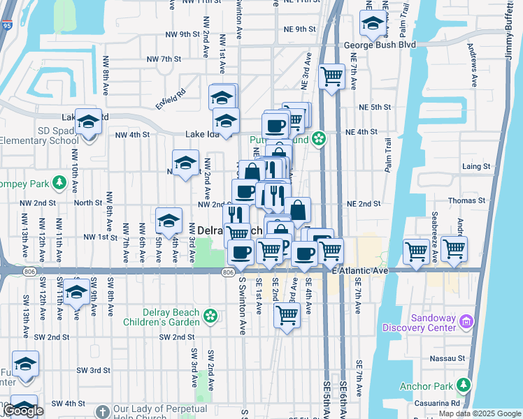 map of restaurants, bars, coffee shops, grocery stores, and more near 140 Northeast 2nd Avenue in Delray Beach