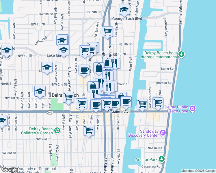 map of restaurants, bars, coffee shops, grocery stores, and more near 180 Northeast 6th Avenue in Delray Beach