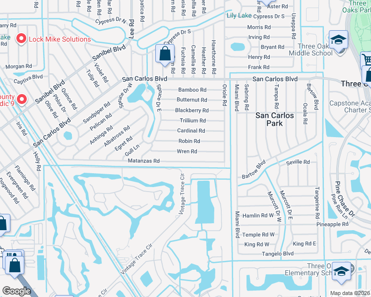 map of restaurants, bars, coffee shops, grocery stores, and more near 8361 Wren Road in Fort Myers