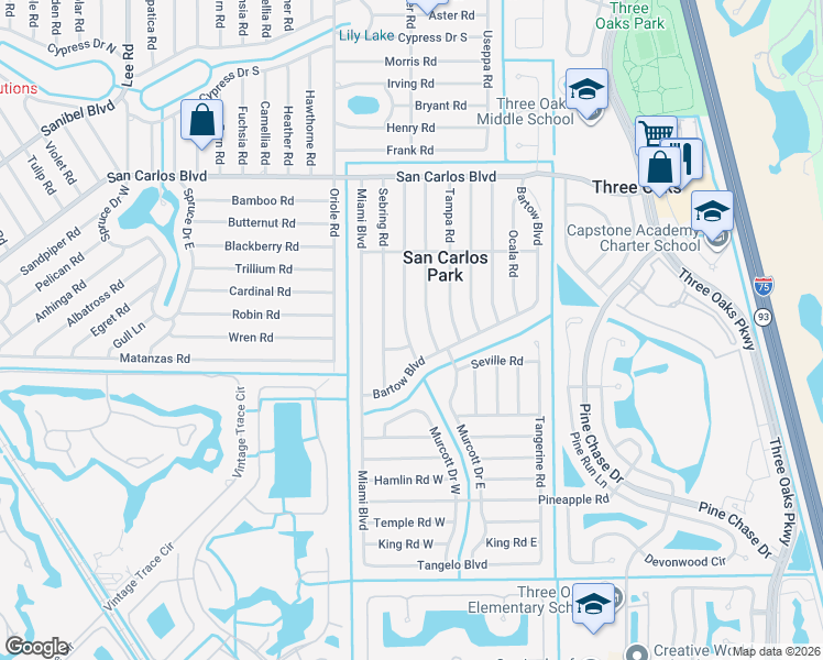 map of restaurants, bars, coffee shops, grocery stores, and more near 18673 Sarasota Road in Fort Myers