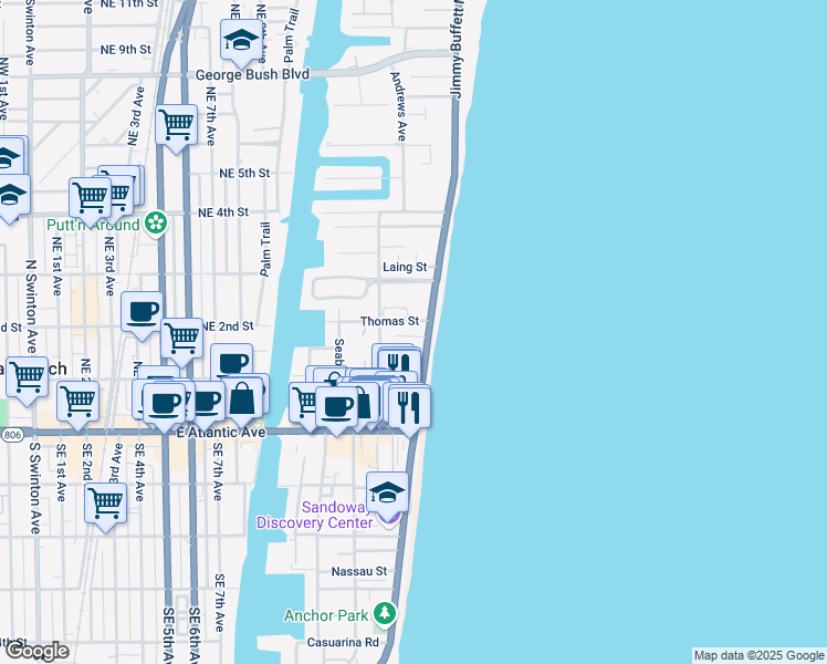 map of restaurants, bars, coffee shops, grocery stores, and more near 64-10 North Ocean Boulevard in Delray Beach