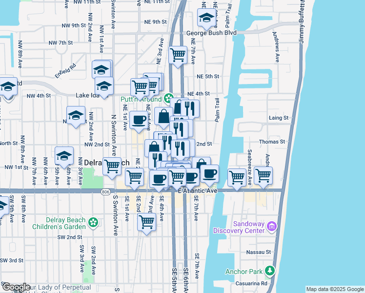 map of restaurants, bars, coffee shops, grocery stores, and more near 145 North Federal Highway in Delray Beach