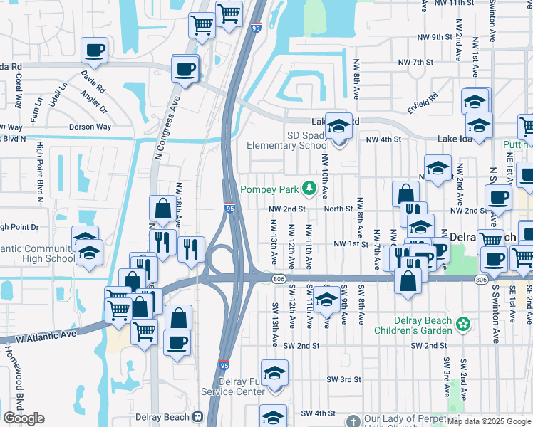 map of restaurants, bars, coffee shops, grocery stores, and more near 128 Northwest 13th Avenue in Delray Beach