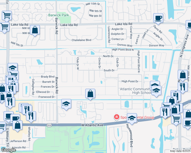 map of restaurants, bars, coffee shops, grocery stores, and more near 1182 South Drive Circle in Delray Beach