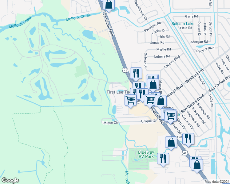 map of restaurants, bars, coffee shops, grocery stores, and more near 7070 Bay Woods Lake Court in Fort Myers