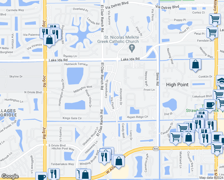 map of restaurants, bars, coffee shops, grocery stores, and more near Vía Flora in Delray Beach
