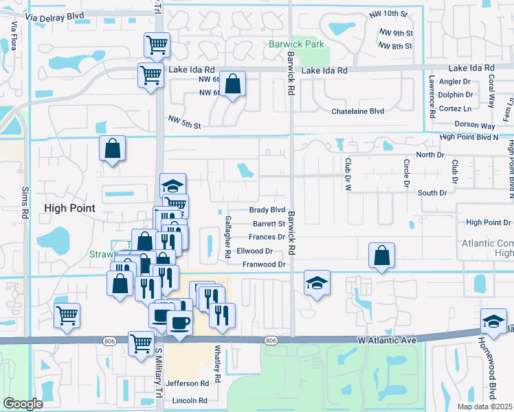 map of restaurants, bars, coffee shops, grocery stores, and more near 4637 Brady Boulevard in Delray Beach