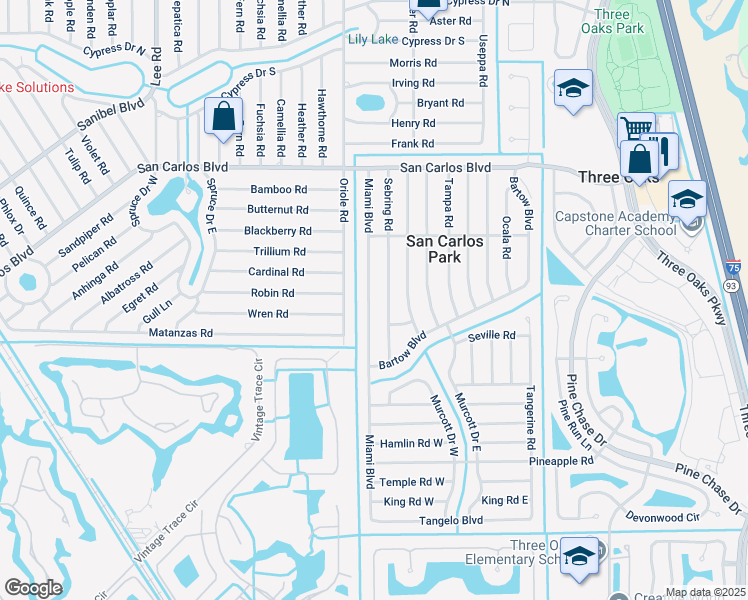 map of restaurants, bars, coffee shops, grocery stores, and more near 18628 Sebring Road in Fort Myers