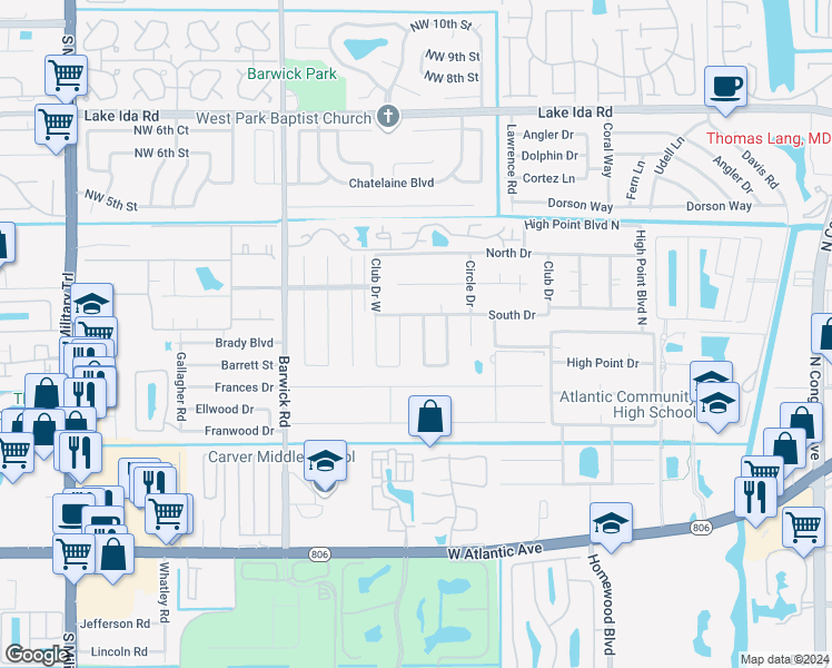 map of restaurants, bars, coffee shops, grocery stores, and more near 1177 South Drive Circle in Delray Beach