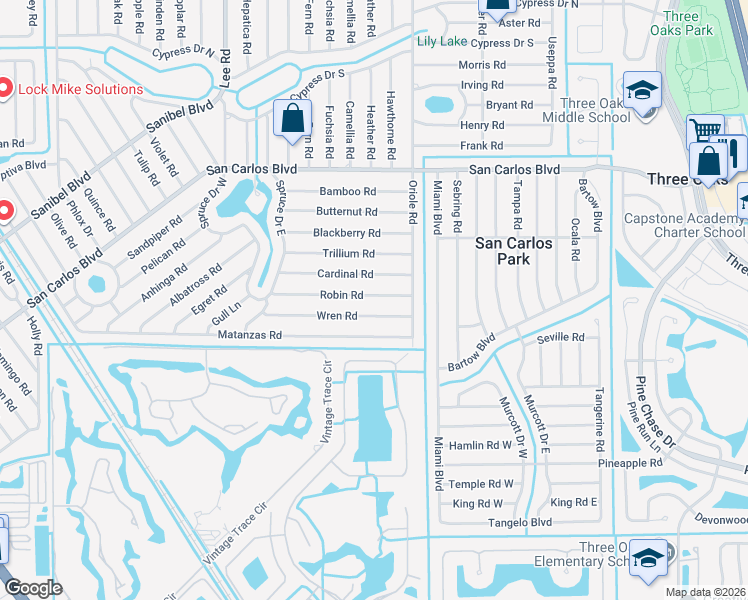 map of restaurants, bars, coffee shops, grocery stores, and more near 8433 Robin Road in Fort Myers