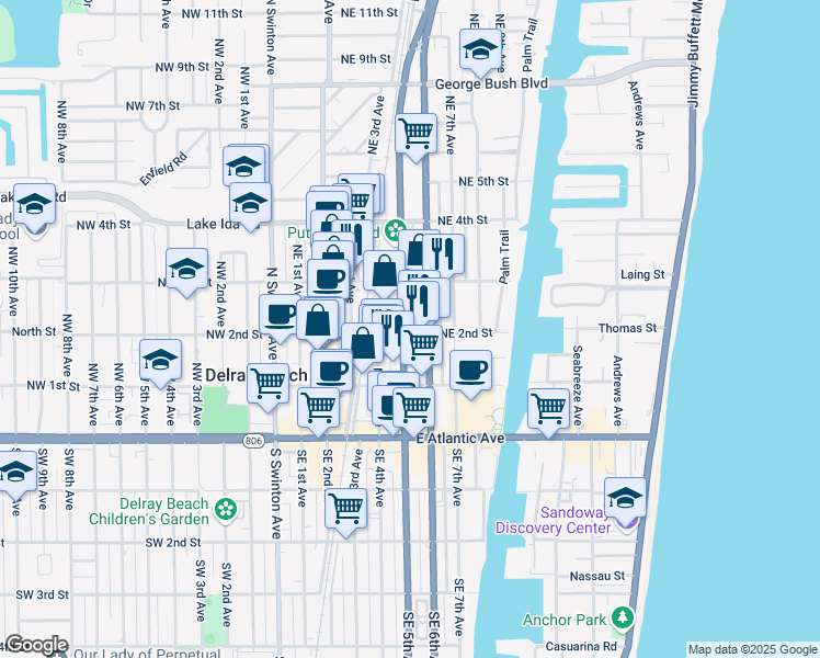 map of restaurants, bars, coffee shops, grocery stores, and more near 234 Northeast 5th Avenue in Delray Beach