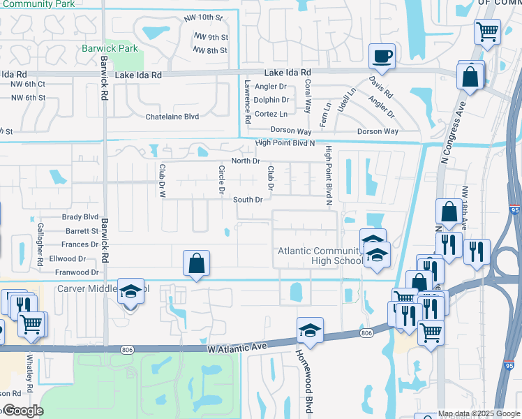 map of restaurants, bars, coffee shops, grocery stores, and more near 1005 South Drive in Delray Beach