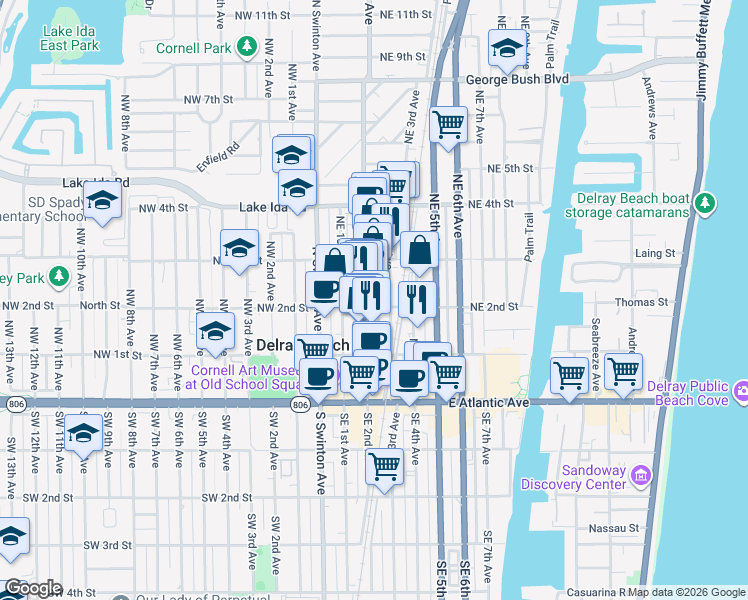 map of restaurants, bars, coffee shops, grocery stores, and more near 108 Northeast 2nd Avenue in Delray Beach
