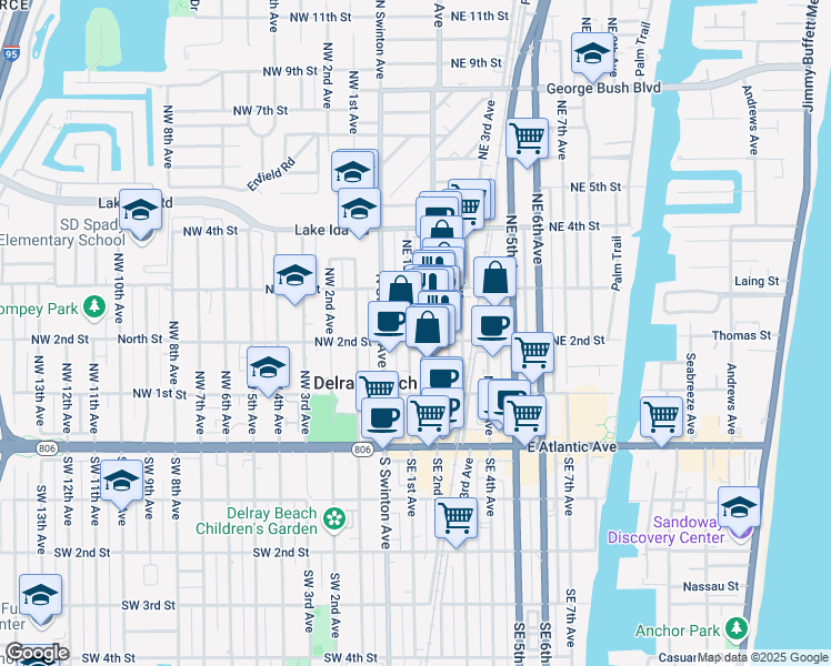 map of restaurants, bars, coffee shops, grocery stores, and more near 108 Northeast 2nd Avenue in Delray Beach