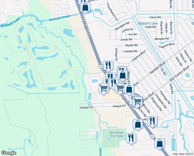 map of restaurants, bars, coffee shops, grocery stores, and more near 7070 Bay Woods Lake Court in Fort Myers