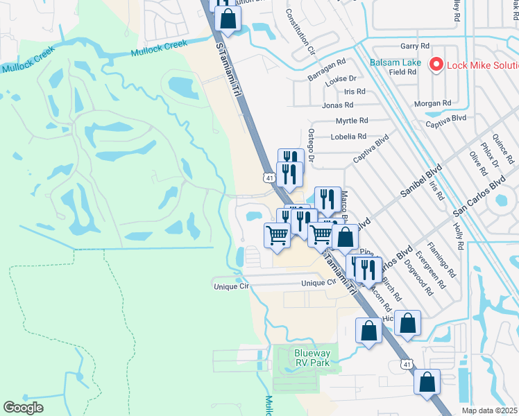map of restaurants, bars, coffee shops, grocery stores, and more near 7070 Bay Woods Lake Court in Fort Myers