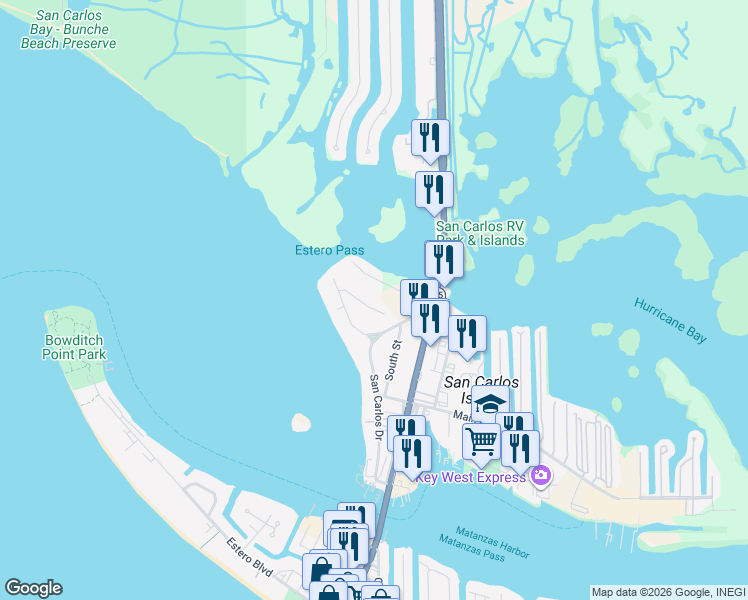 map of restaurants, bars, coffee shops, grocery stores, and more near 899 North Street in Fort Myers Beach