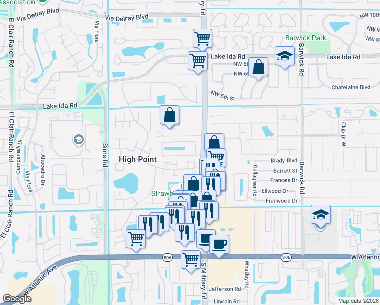 map of restaurants, bars, coffee shops, grocery stores, and more near 5033 South La Sedona Circle in Delray Beach