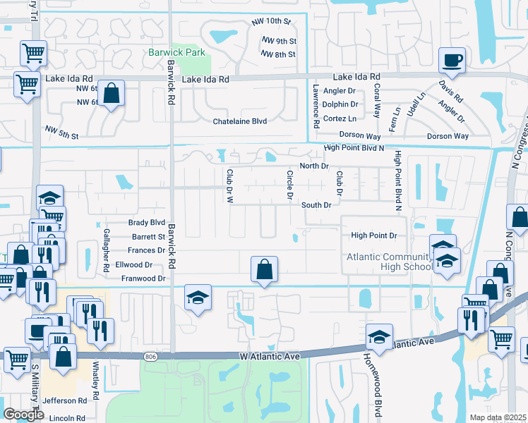 map of restaurants, bars, coffee shops, grocery stores, and more near 1177 South Drive Circle in Delray Beach