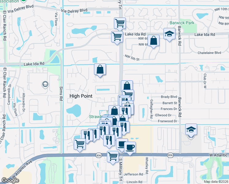 map of restaurants, bars, coffee shops, grocery stores, and more near 5040 North La Sedona Circle in Delray Beach