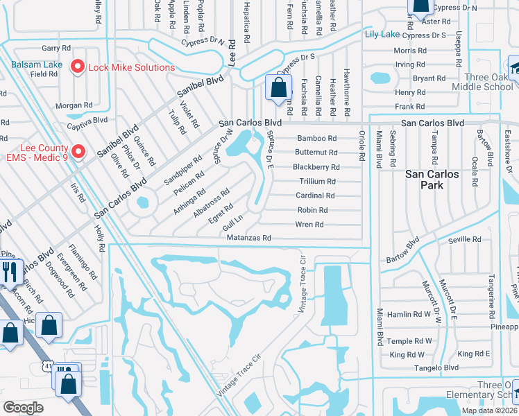 map of restaurants, bars, coffee shops, grocery stores, and more near 8287 Robin Road in Fort Myers