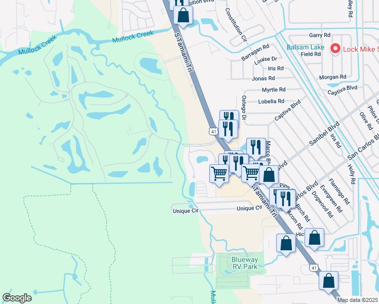 map of restaurants, bars, coffee shops, grocery stores, and more near 6430 Bay Woods Lake Court in Fort Myers
