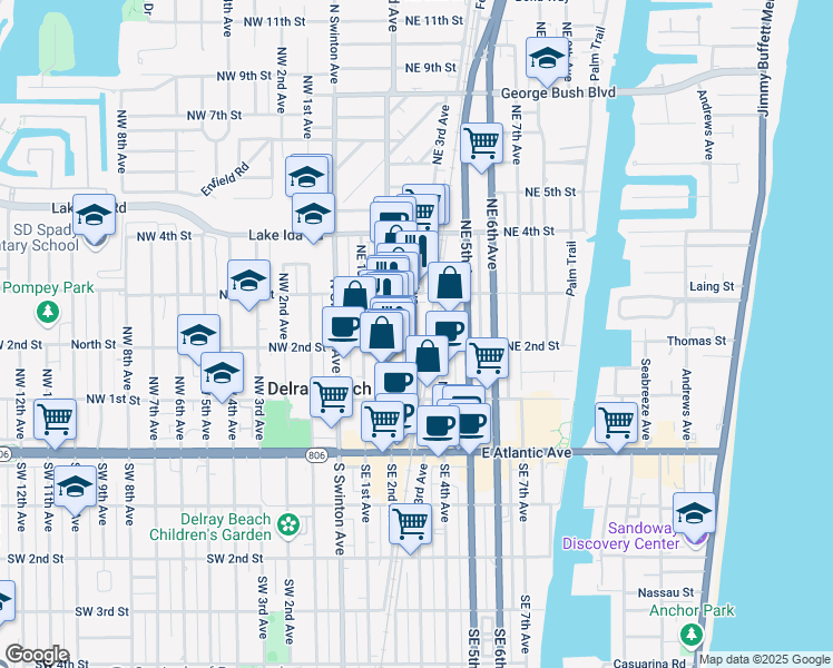 map of restaurants, bars, coffee shops, grocery stores, and more near 219 Northeast 3rd Avenue in Delray Beach